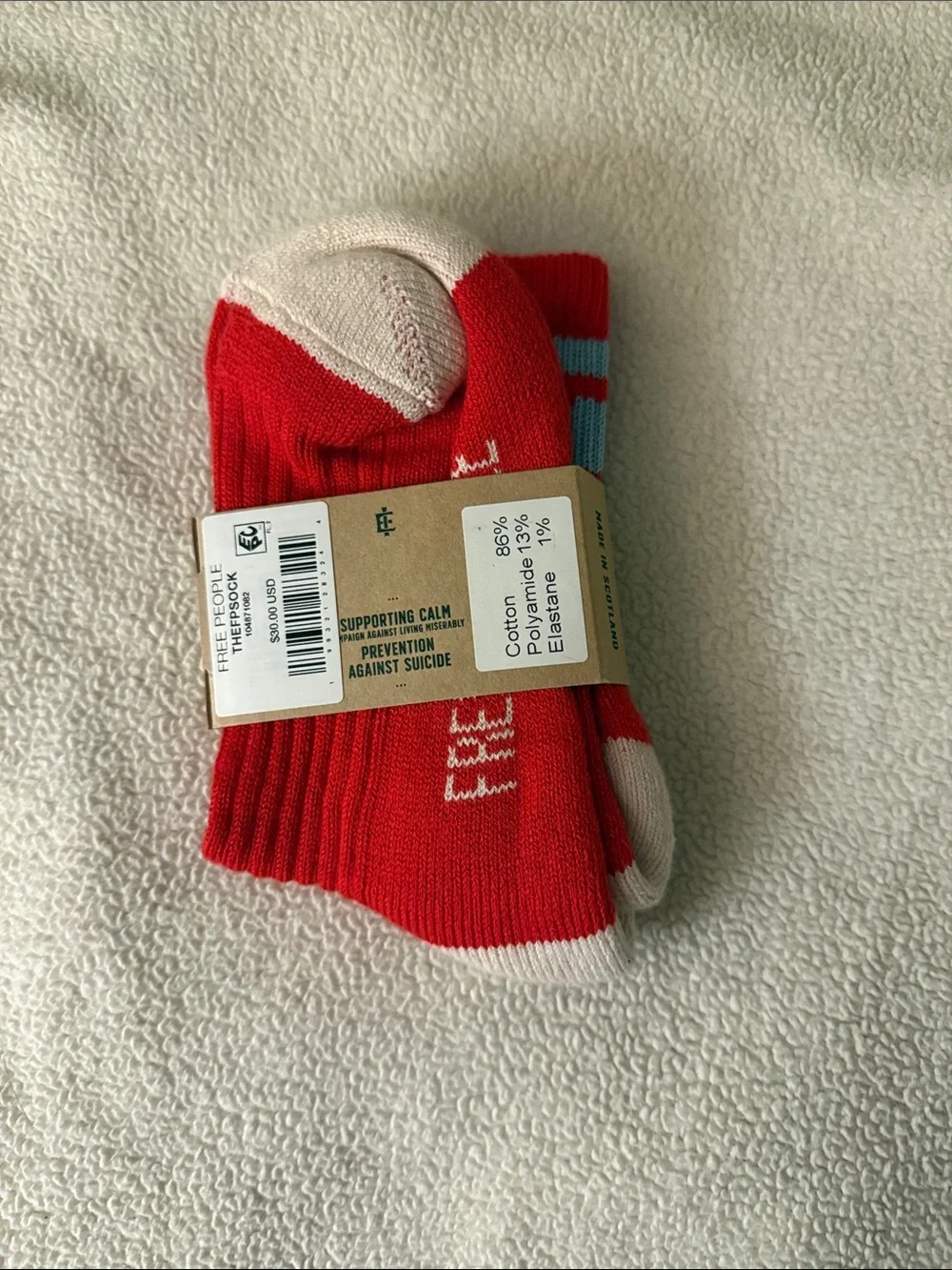 Free People Red Crew Socks with Light Blue Stripes